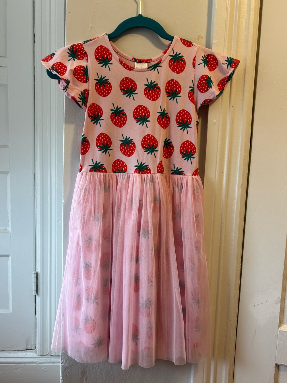 Hanna Andersson Pink Strawberry Print Dress with Tulle Bottom